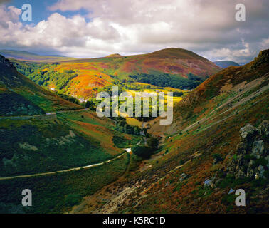 An elevated mid summer view of the Sychnant Pass in Gwynedd, North Wales, UK Stock Photo