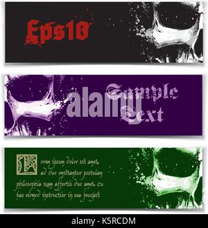Vector illustration of an artistic render of a human skull. Set of 3 Banners with space for your text. Artwork, splashes and extra splashes text and d Stock Vector