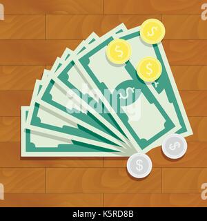 Stack of cash icon. Fan of banknotes and silver and golden coins on wooden table. Vector illustration Stock Vector