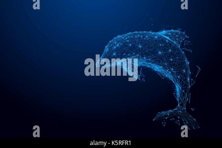 Wireframe dolphin mesh from a starry on blue background Stock Vector
