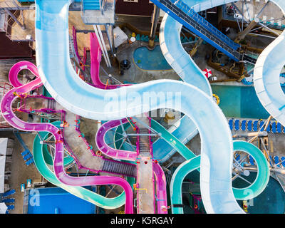 water park slides aerial shot in the morning with no people Stock Photo
