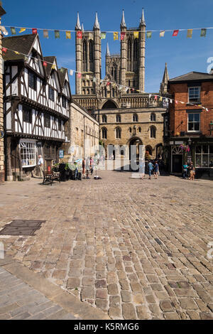 Exchequer gate and Lincoln cathedral behind in the city of Lincoln, Lincolnshire, England, Uk Stock Photo