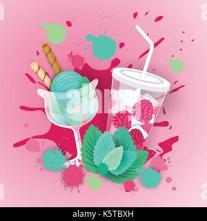 Fresh Ice Cream With Cocktail Logo Sweet Beautiful Dessert Delicious Food Banner Stock Vector