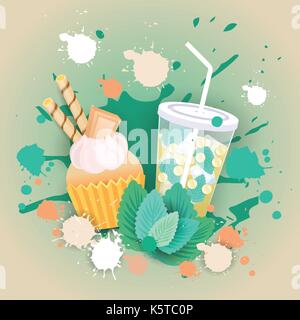 Fresh Muffin With Cocktail Logo Cake Sweet Beautiful Cupcake Dessert Delicious Food Stock Vector