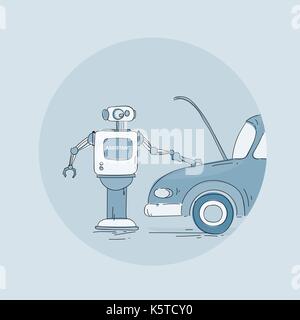 Modern Robot Repair Car Icon, Futuristic Artificial Intelligence Mechanism Technology Stock Vector