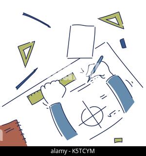 Hands Making Blueprint Design Workplace Desk Top Angle View Stock Vector