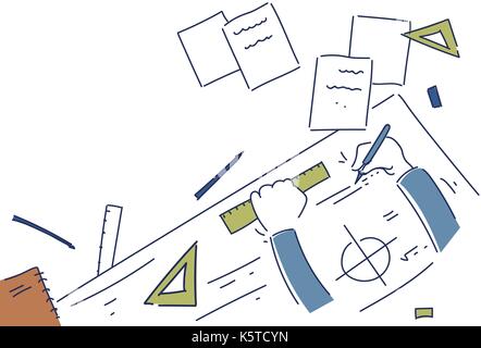 Hands Making Blueprint Design Workplace Desk Top Angle View Stock Vector