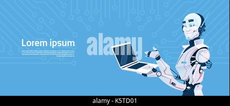 Modern Robot Using Laptop Computer, Futuristic Artificial Intelligence Mechanism Technology Stock Vector