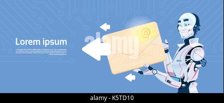 Modern Robot Hold Envelope Sending Email Message, Futuristic Artificial Intelligence Mechanism Technology Stock Vector
