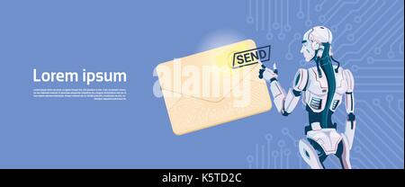 Modern Robot Hold Envelope Sending Email Message, Futuristic Artificial Intelligence Mechanism Technology Stock Vector