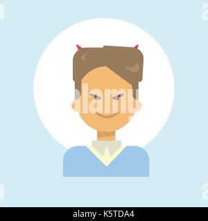 Male With Devil Horns Emotion Profile Icon, Man Cartoon Portrait Happy Smiling Face Stock Vector