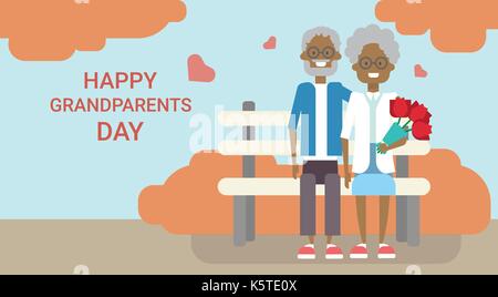 Happy Grandparents Day Greeting Card Holiday Banner African American Grandfather And Grandmother Couple Sitting On Bench Together Stock Vector