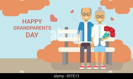 Happy Grandparents Day Greeting Card Holiday Banner Grandfather And Grandmother Couple Sitting On Bench Together Stock Vector