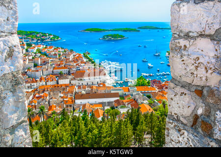 Aerial scenic view at summer famous destination Hvar in Croatia, Europe. Stock Photo