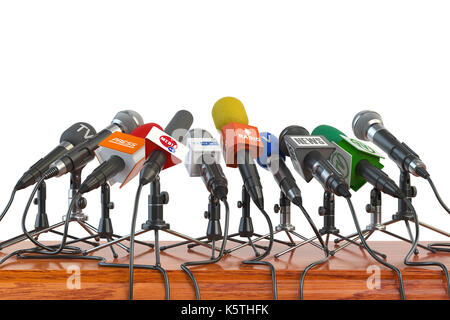 Microphones of different mass media, radio, tv and press prepared for conference meeting. Press conference or interview concept. 3d illustration Stock Photo