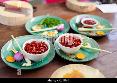 Thai hot curry paste ingredients. Picture of traditional thai cuisine made of fresh ingredients taken during cooking class in Chiang Mai. Stock Photo