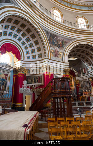 MOSTA, MALTA - AUGUST 21, 2017: The dome of the Rotunda of Mosta (Church of the Assumption of Our Lady) is the third largest unsupported dome in the W Stock Photo