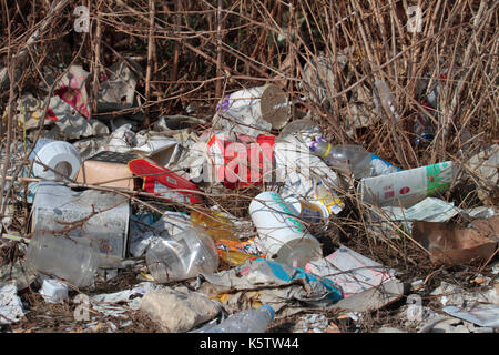 Litter from carelessly discarded fast food packaging, illustrating the problem of waste generated by the fast food industry Stock Photo