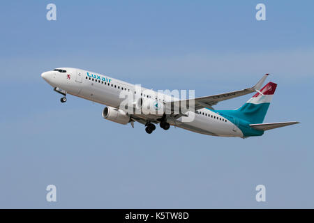 Commercial air travel. Luxair Luxembourg Airlines Boeing 737-800 (737 NG or Next Generation) passenger jet plane on takeoff Stock Photo