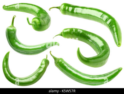 Isolated peppers. Various hot green peppers isolated on white background with clipping path Stock Photo