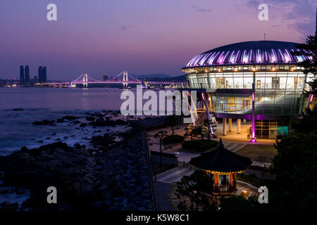 Night view of Gwangan Bridge and Nurimaru APEC House at  Dongbaek island. Stock Photo