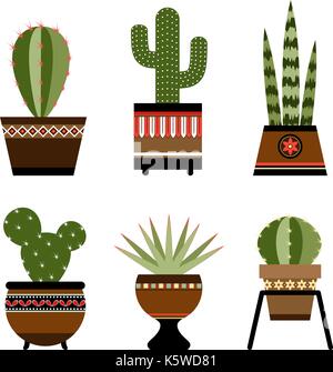 Six cactuses in pots with ornament. eps 10 Stock Vector