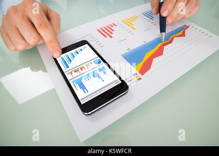 Close-up Of A Businessperson Hand Analyzing Graph On Mobile Phone Stock Photo