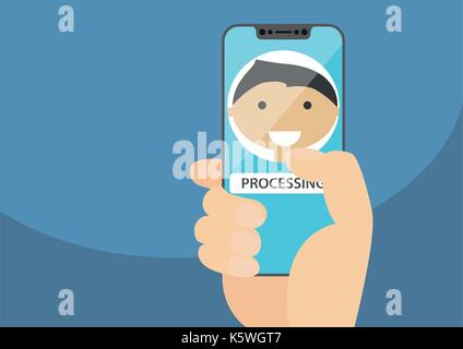 Face recognition concept to unlock a smartphone. Face icon displayed on frameless touchscreen. Hand holding bezel-less smartphone Stock Vector