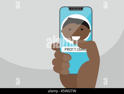 Face recognition concept to unlock a smartphone. Face icon displayed on frameless touchscreen. Hand holding bezel-less smartphone Stock Vector