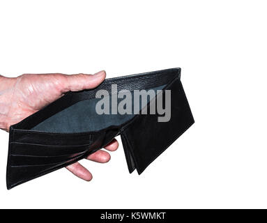 Holding open an empty leather wallet. Depression, poverty, hard times. Stock Photo