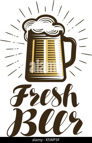 Mug of beer, logo or label. Bar, pub, ale, alcoholic drink icon. Lettering vector illustration Stock Vector