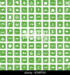 100 delivery icons set grunge green Stock Vector