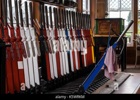 Levers in the signal box at Weybourne station, North Norfolk Railway, train station, England, UK Stock Photo
