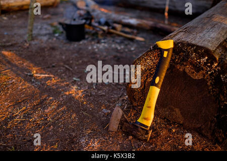 Axe on ground. Woodworking tool and wooden background. Stock Photo