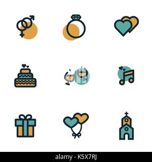 Vector flat wedding icons set on white background Stock Vector