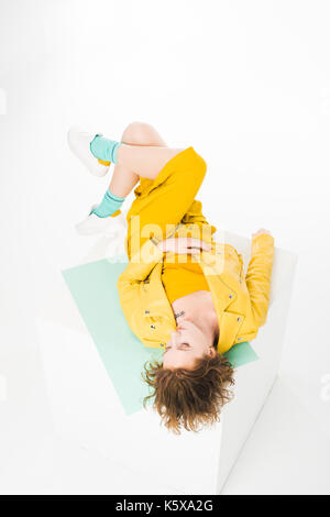 attractive girl in yellow clothes Stock Photo
