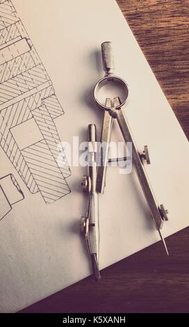 indastrial drawing detail and tool Stock Photo