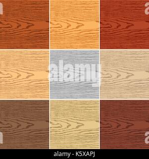 9 colors wood texture background. Blank natural pattern swatch template. Empty realistic plank with annual years circles. Backdrop size square format. Stock Vector