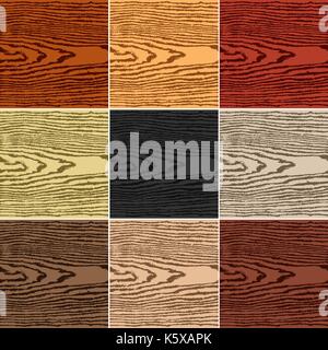 9 colors wood texture background. Set 05 Empty realistic plank with annual years circles. Blank natural pattern swatch template. Backdrop size square  Stock Vector
