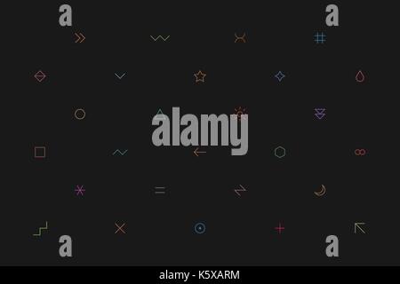 Geometric pattern with different simple signs in thin style. Dark gray horizontal background. Yellow, orange, red, brown, green, blue, purple, violet  Stock Vector