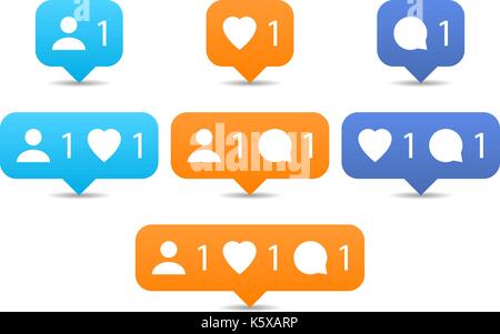 Orange and blue notification tooltip with heart, user, speech bubble, counter, shadow on white background. Like, follow, comment icons in flat style.  Stock Vector