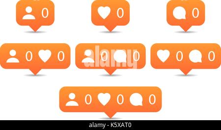 Like, follow, comment icons in flat style. Orange notification tooltip with heart, user, speech bubble, counter and shadow on white background. Set 01 Stock Vector