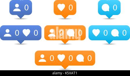 Like, follow, comment icons in flat style. Orange and blue notification tooltip with heart, user, speech bubble, counter, shadow on white background.  Stock Vector