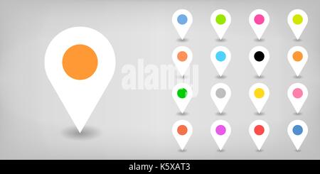 Map pin sign location icon with drop shadow in flat style. White, black, blue, cobalt, yellow, green, red, magenta, orange, pink, violet, purple, gray Stock Vector