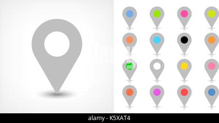 Map pin sign location icon with drop shadow in flat style. Gray and black, blue, cobalt, yellow, green, red, magenta, orange, pink, violet, purple, gr Stock Vector