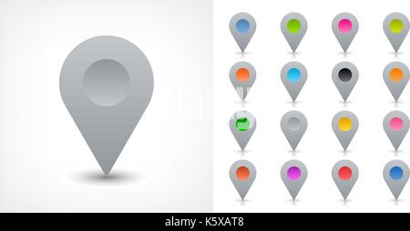 Map pin sign location icon with drop shadow in flat simple style. Gray and black, blue, cobalt, yellow, green, red, magenta, orange, pink, violet, pur Stock Vector