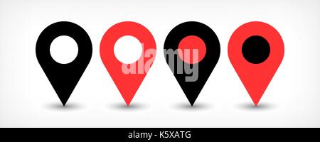 Map pin sign location icon with gray shadow in flat simple style. Four variants in two color black and red rounded shapes isolated on white background Stock Vector