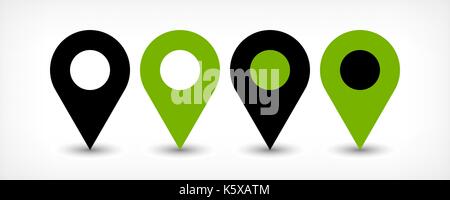 Map pin sign location icon with gray shadow in flat simple style. Four variants in two color black and green rounded shapes isolated on white backgrou Stock Vector