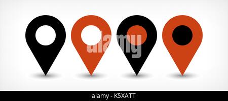 Map pin sign location icon with gray shadow in flat simple style. Four variants in two color black and brown rounded shapes isolated on white backgrou Stock Vector