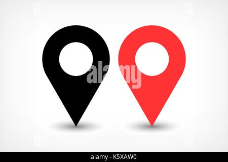 Map pin sign location icon with ellipse gray gradient shadow in flat simple style. Black and red color rounded shapes isolated on white background. Ve Stock Vector